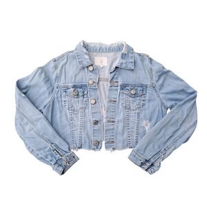 I & M Jeans Womens Distressed Cropped Denim Jacket Light Wash Frayed Hem Medium